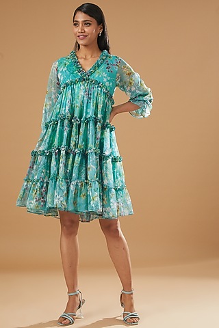 Sky Blue Printed Dress by AROOP SHOP INDIA