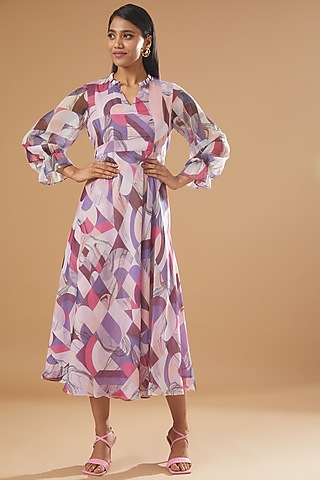 Purple Chiffon Printed Dress by AROOP SHOP INDIA