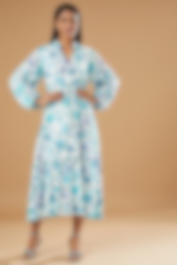 Sky Blue Tencel Printed Dress by AROOP SHOP INDIA
