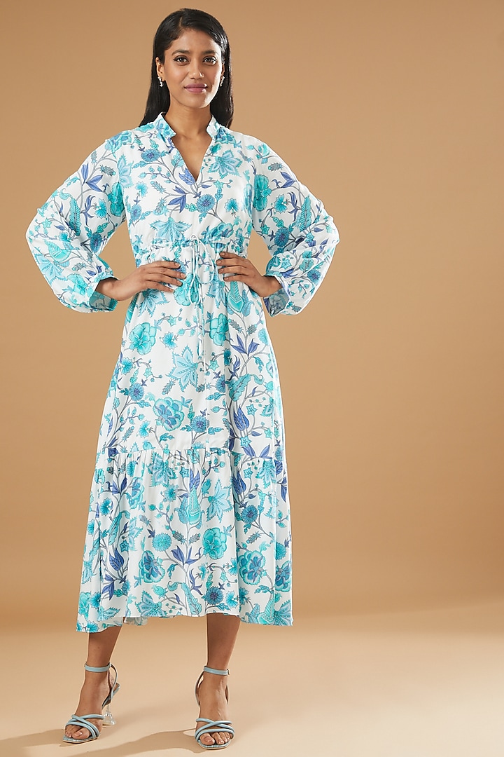 Sky Blue Tencel Printed Dress by AROOP SHOP INDIA