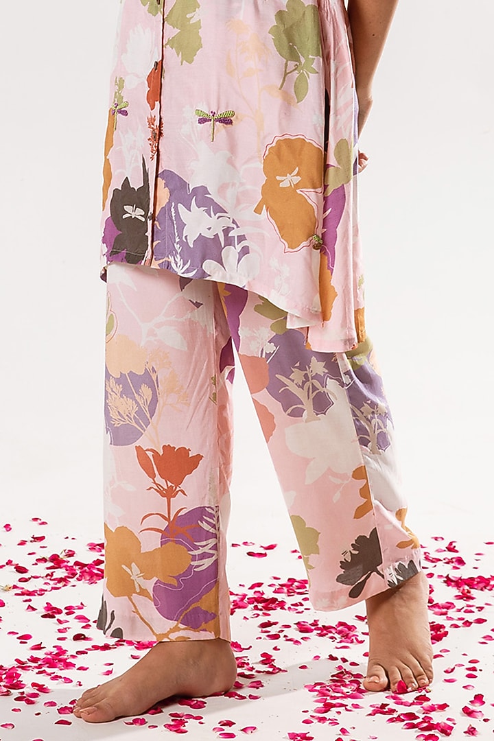 Marshmallow Pink Cotton Silk Printed & Hand Embroidered A-Line Kurta Set by AROOP SHOP INDIA at Pernia's Pop Up Shop