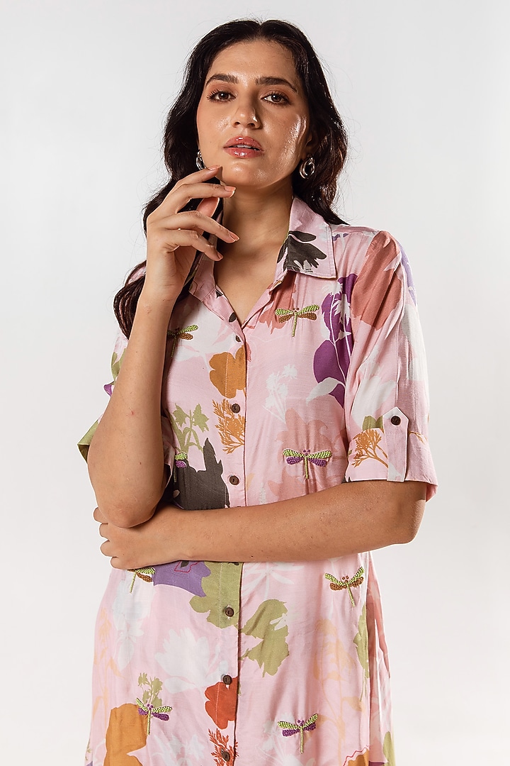 Marshmallow Pink Cotton Silk Printed & Hand Embroidered A-Line Kurta Set by AROOP SHOP INDIA at Pernia's Pop Up Shop
