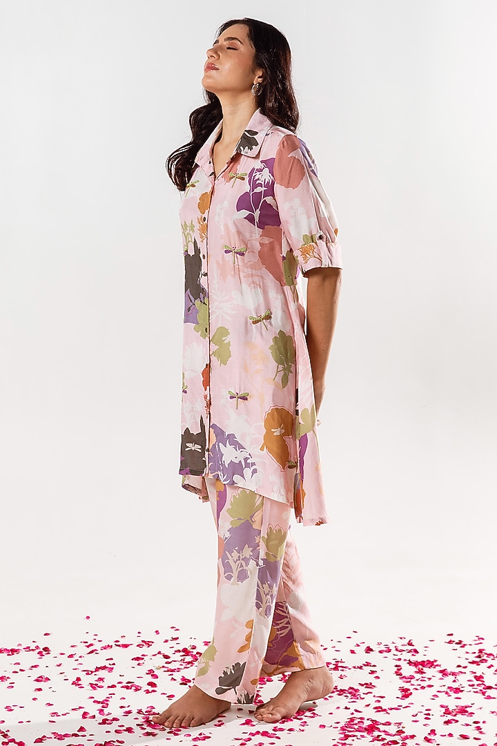 Marshmallow Pink Cotton Silk Printed & Hand Embroidered A-Line Kurta Set by AROOP SHOP INDIA at Pernia's Pop Up Shop