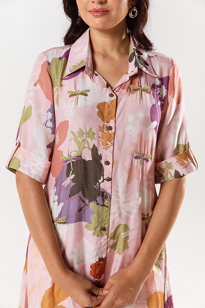 Marshmallow Pink Cotton Silk Printed & Hand Embroidered A-Line Kurta Set by AROOP SHOP INDIA at Pernia's Pop Up Shop
