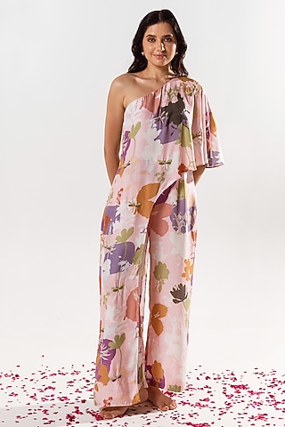 Marshmallow Pink Cotton Silk Printed & Embroidered One-Shoulder Jumpsuit by AROOP SHOP INDIA