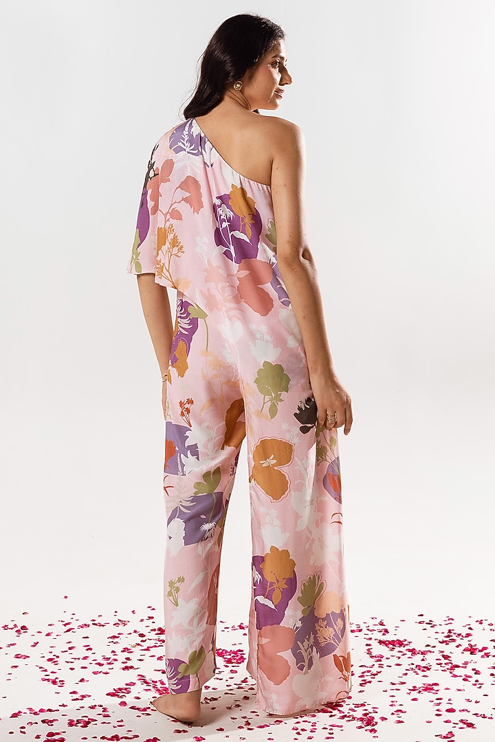 Marshmallow Pink Cotton Silk Printed & Embroidered One-Shoulder Jumpsuit by AROOP SHOP INDIA at Pernia's Pop Up Shop