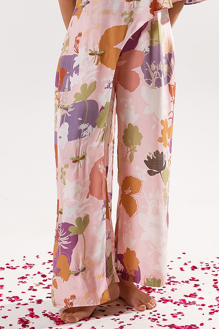 Marshmallow Pink Cotton Silk Printed & Embroidered One-Shoulder Jumpsuit by AROOP SHOP INDIA at Pernia's Pop Up Shop