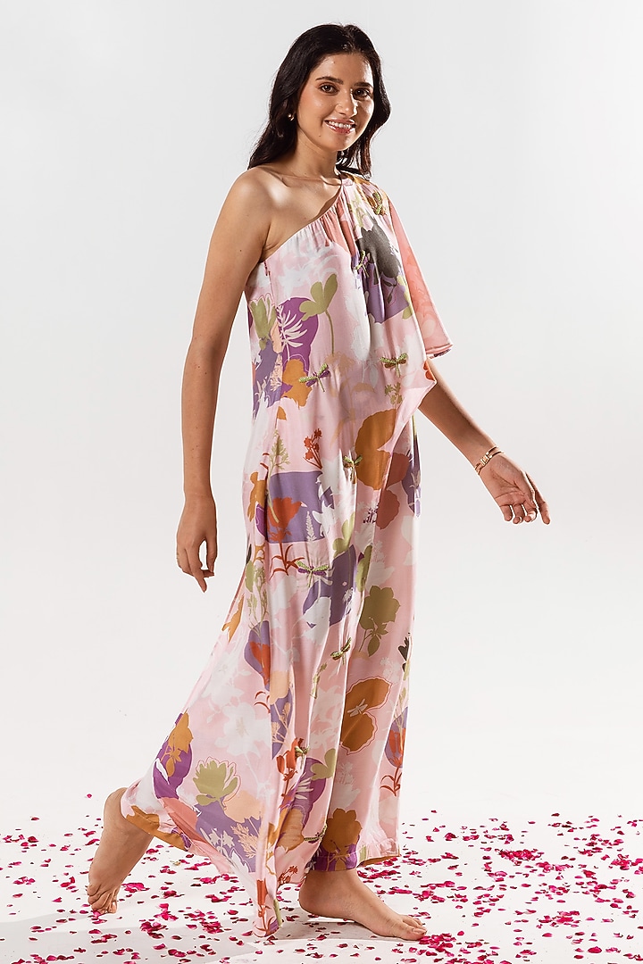Marshmallow Pink Cotton Silk Printed & Embroidered One-Shoulder Jumpsuit by AROOP SHOP INDIA at Pernia's Pop Up Shop