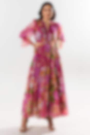 Magenta Recycled Chiffon Printed Cut-Out Maxi Dress by AROOP SHOP INDIA