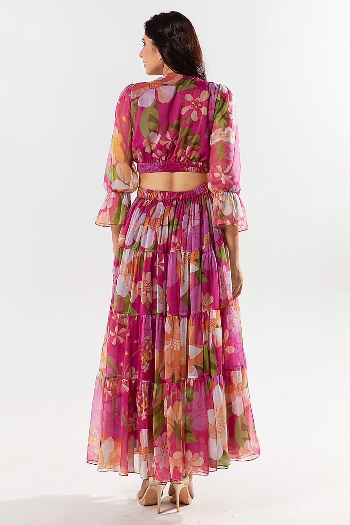 Magenta Recycled Chiffon Printed Cut-Out Maxi Summer Dress by AROOP SHOP INDIA at Pernia's Pop Up Shop