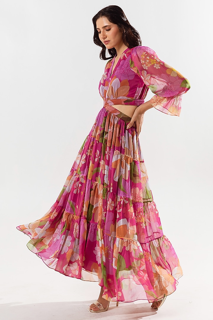 Magenta Recycled Chiffon Printed Cut-Out Maxi Summer Dress by AROOP SHOP INDIA at Pernia's Pop Up Shop