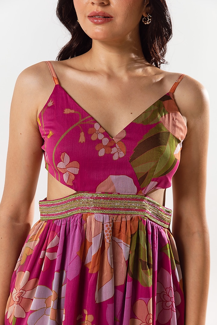 Magenta Recycled Chiffon Printed Cut-Out Kurta Set by AROOP SHOP INDIA at Pernia's Pop Up Shop