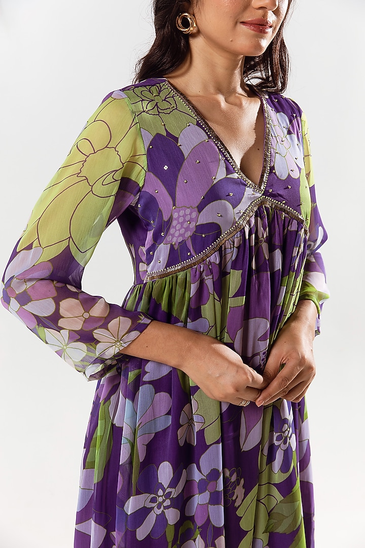 Violet Recycled Chiffon Printed Kurta Set by AROOP SHOP INDIA at Pernia's Pop Up Shop