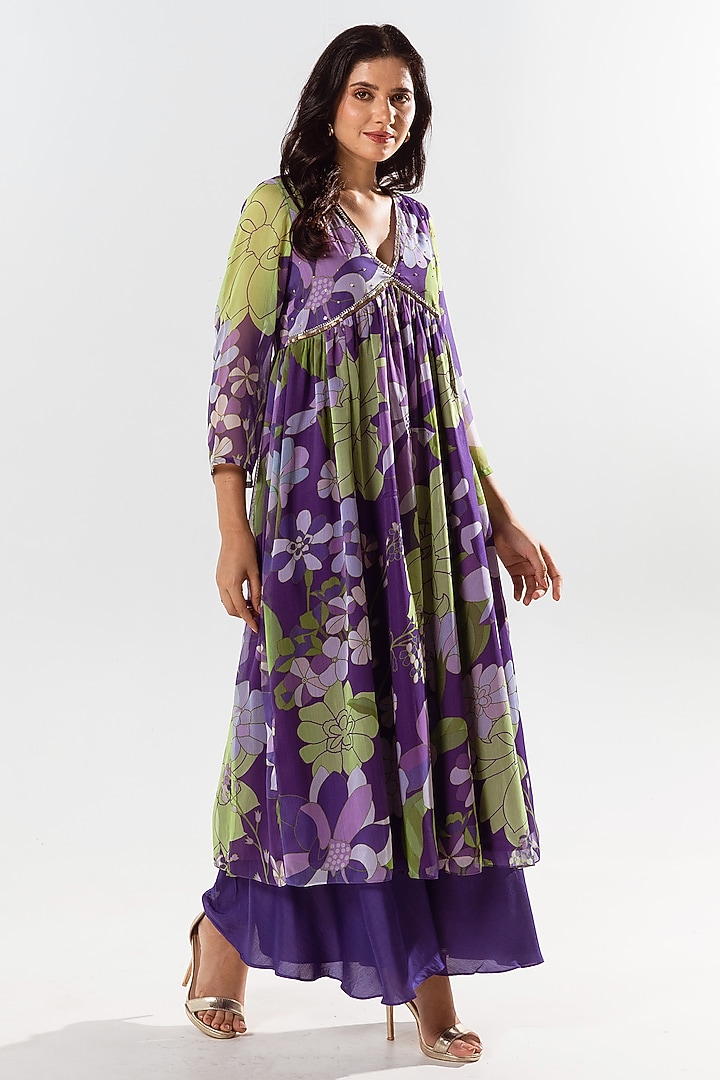 Violet Recycled Chiffon Printed Kurta Set by AROOP SHOP INDIA at Pernia's Pop Up Shop