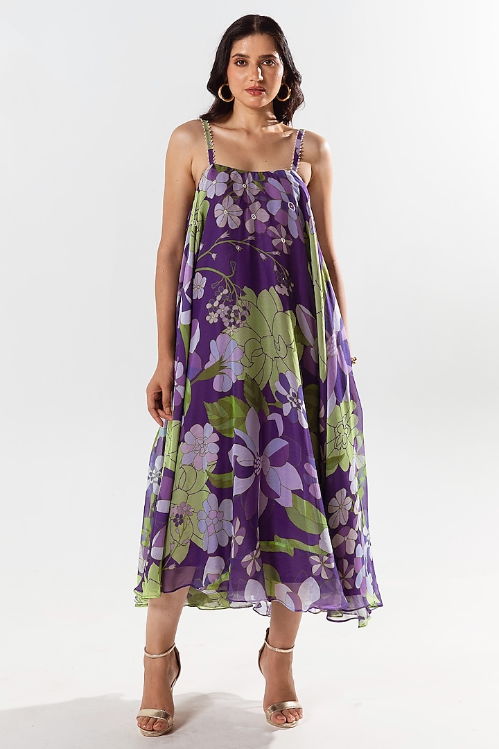 Violet Recycled Chiffon Printed Maxi Dress by AROOP SHOP INDIA