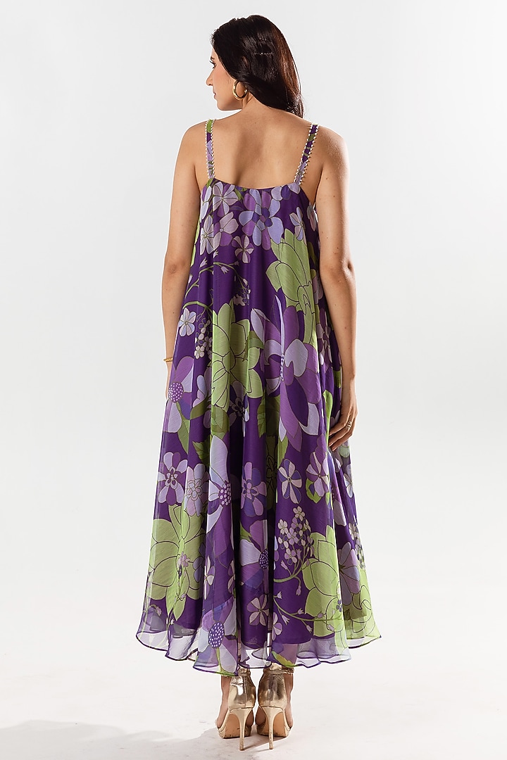 Violet Recycled Chiffon Printed Maxi Vacation Dress by AROOP SHOP INDIA at Pernia's Pop Up Shop