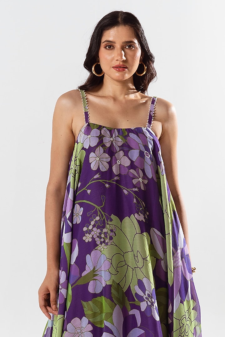 Violet Recycled Chiffon Printed Maxi Vacation Dress by AROOP SHOP INDIA at Pernia's Pop Up Shop