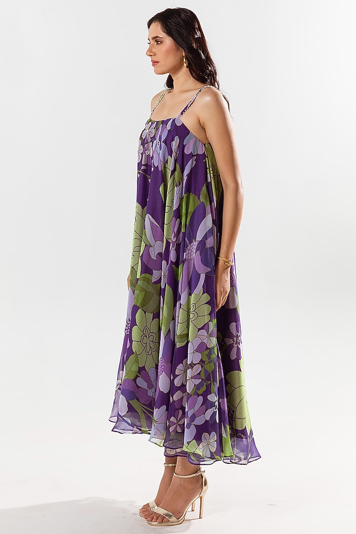 Violet Recycled Chiffon Printed Maxi Vacation Dress by AROOP SHOP INDIA at Pernia's Pop Up Shop