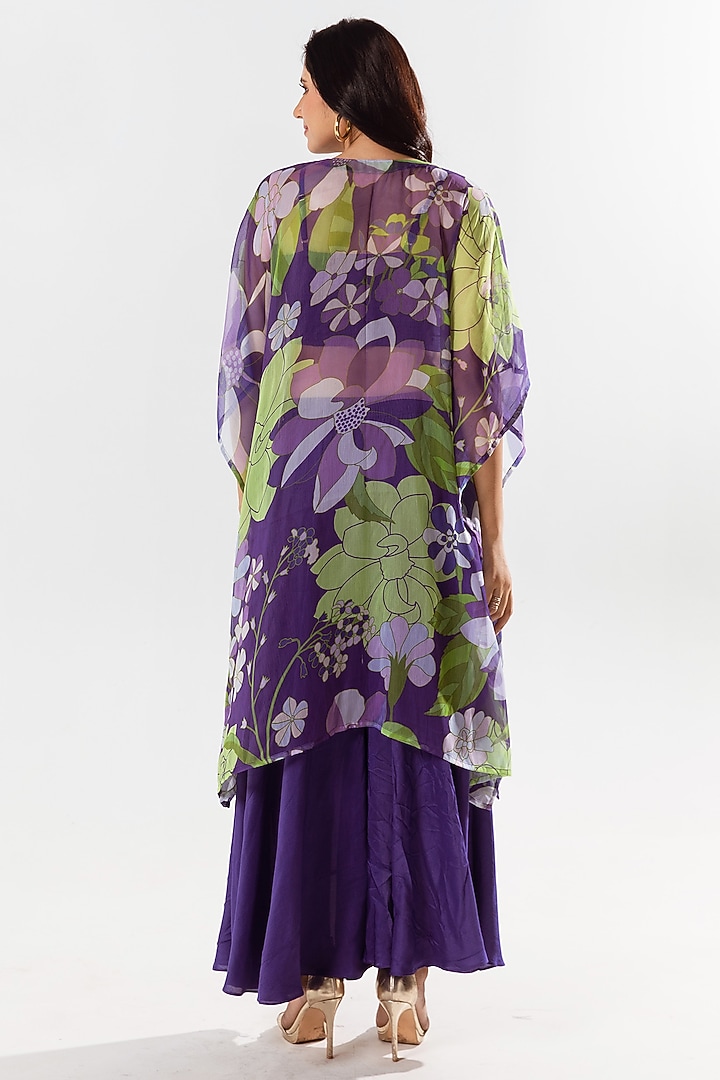 Violet Recycled Chiffon Printed & Hand Embroidered Kaftan Set by AROOP SHOP INDIA at Pernia's Pop Up Shop