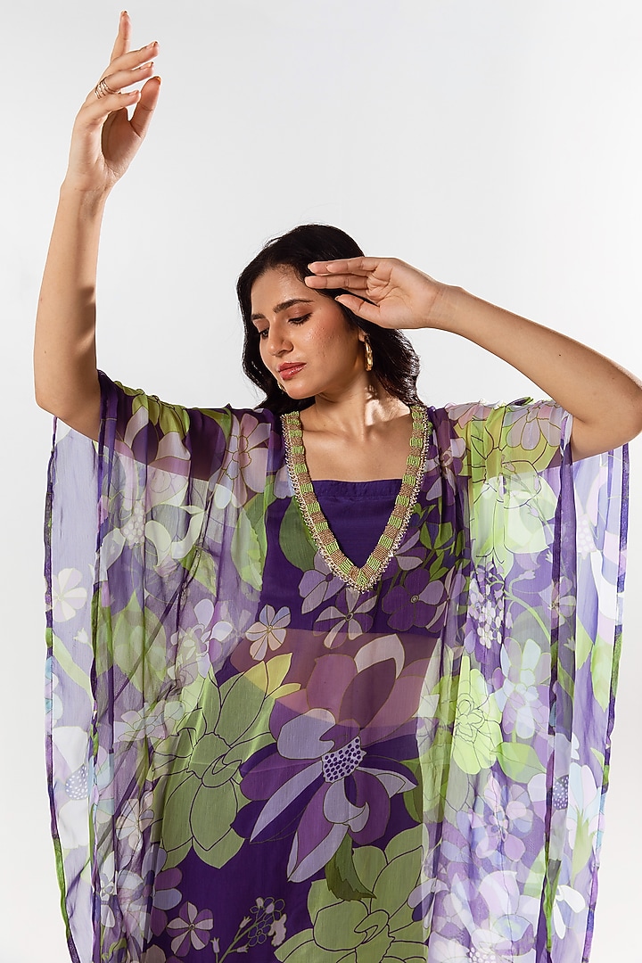 Violet Recycled Chiffon Printed & Hand Embroidered Kaftan Set by AROOP SHOP INDIA at Pernia's Pop Up Shop