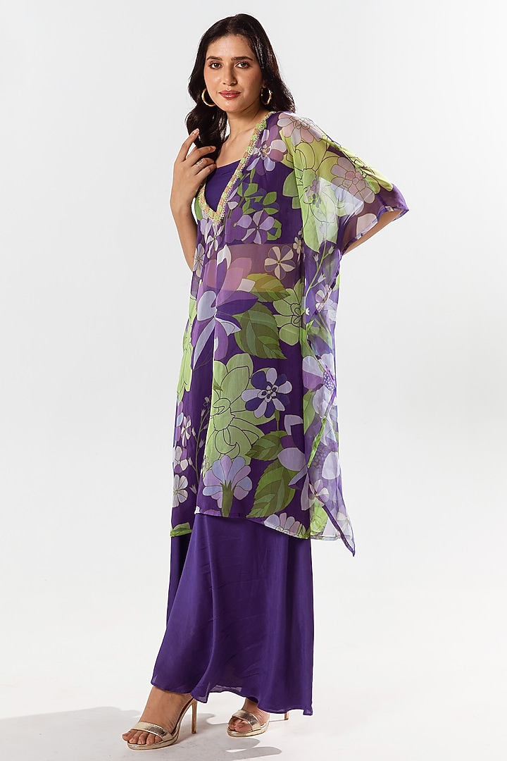 Violet Recycled Chiffon Printed & Hand Embroidered Kaftan Set by AROOP SHOP INDIA at Pernia's Pop Up Shop
