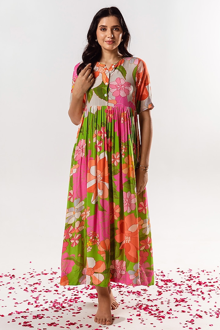 Multi-Colored Cotton Silk Printed Maxi Dress by AROOP SHOP INDIA