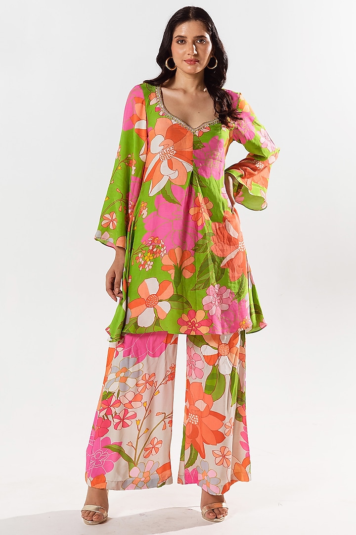 Multi-Colored Cotton Silk Printed & Embellished Kurta Set by AROOP SHOP INDIA