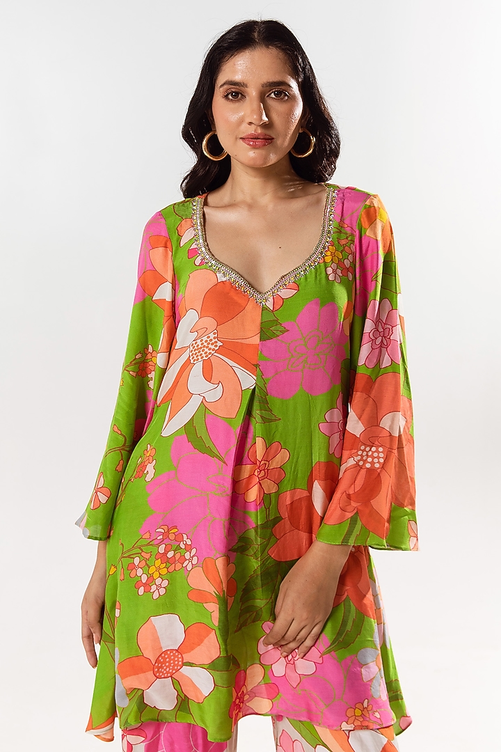 Multi-Colored Cotton Silk Printed & Embellished Kurta Set by AROOP SHOP INDIA at Pernia's Pop Up Shop