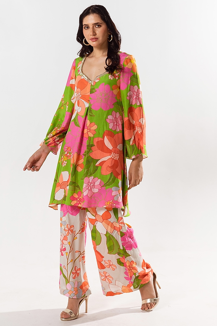 Multi-Colored Cotton Silk Printed & Embellished Kurta Set by AROOP SHOP INDIA at Pernia's Pop Up Shop