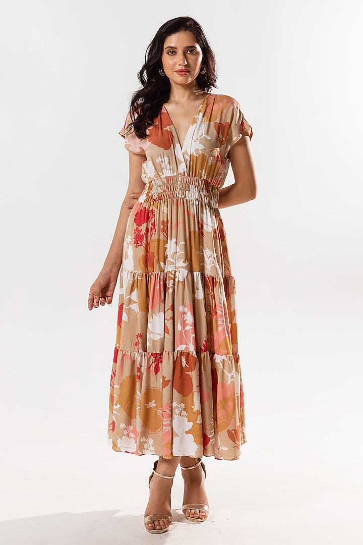 Beige Cotton Silk Printed Maxi Tiered Dress by AROOP SHOP INDIA
