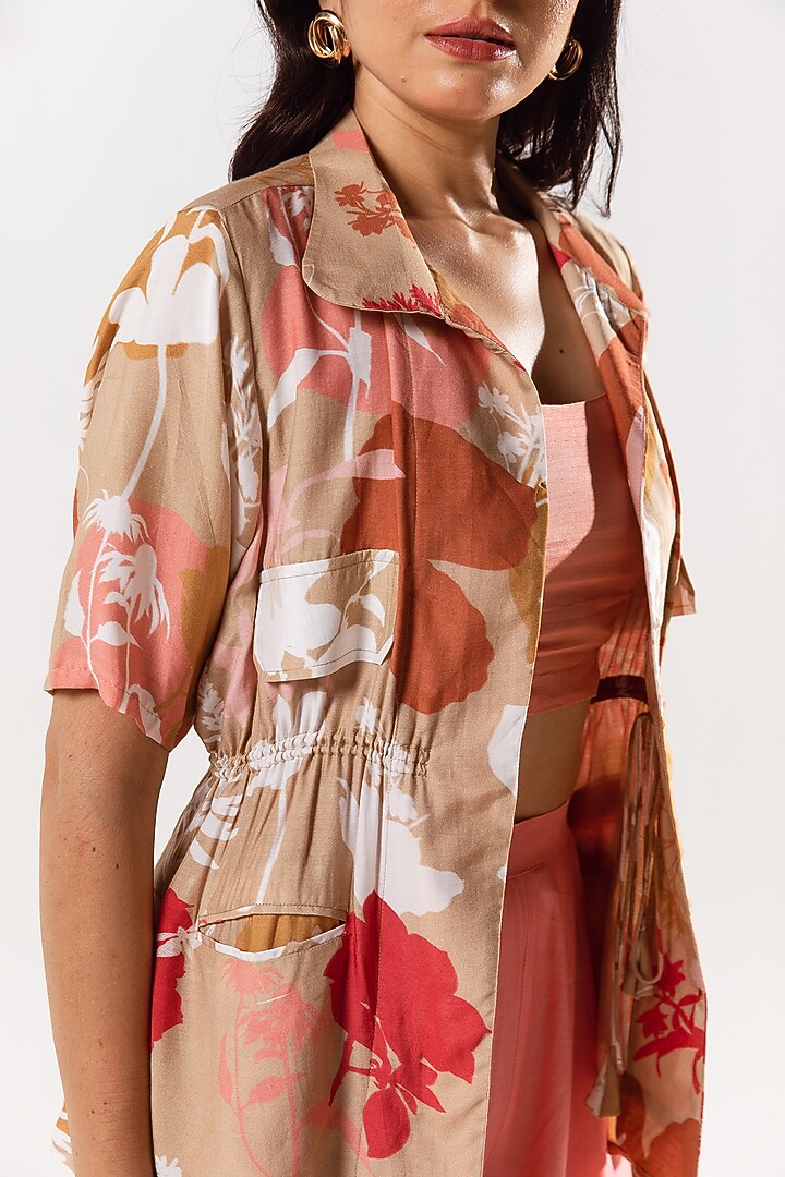 Beige Cotton Silk Printed Jacket Set by AROOP SHOP INDIA at Pernia's Pop Up Shop