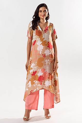 Beige Cotton Silk Printed Kurta Set by AROOP SHOP INDIA