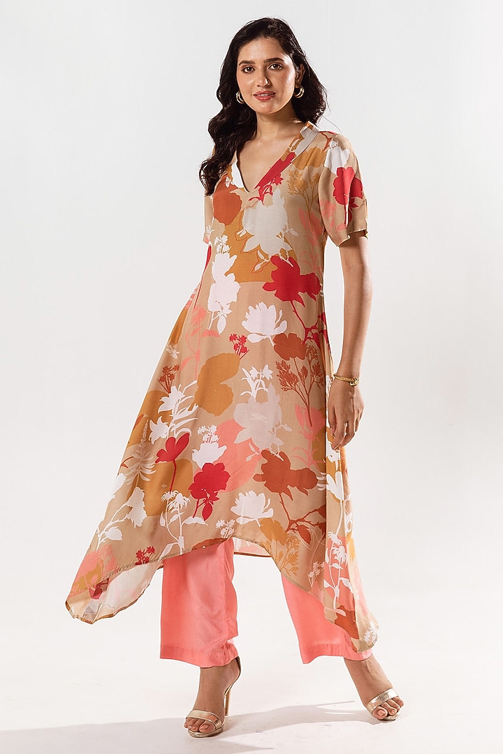 Beige Cotton Silk Printed Kurta Set by AROOP SHOP INDIA at Pernia's Pop Up Shop