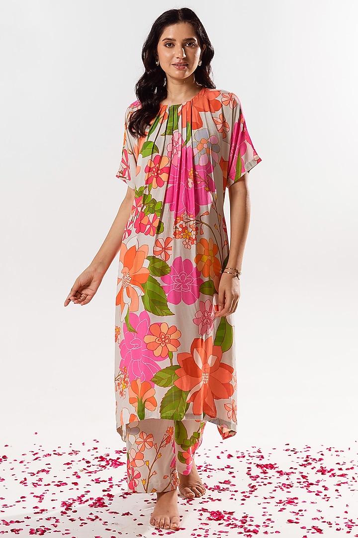 Multi-Colored Cotton Silk Printed Kurta Set by AROOP SHOP INDIA