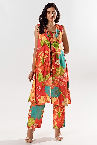 Vermilion Red Cotton Silk Printed Jacket Set by AROOP SHOP INDIA