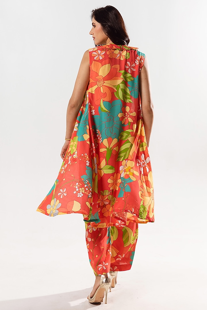 Vermilion Red Cotton Silk Printed Jacket Set by AROOP SHOP INDIA at Pernia's Pop Up Shop