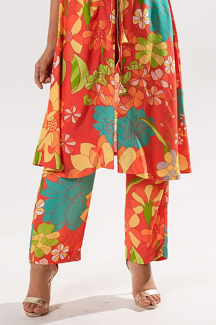 Vermilion Red Cotton Silk Printed Jacket Set by AROOP SHOP INDIA at Pernia's Pop Up Shop