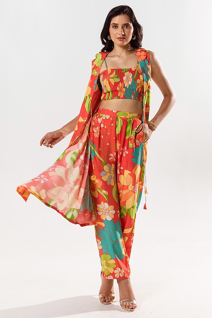 Vermilion Red Cotton Silk Printed Jacket Set by AROOP SHOP INDIA at Pernia's Pop Up Shop