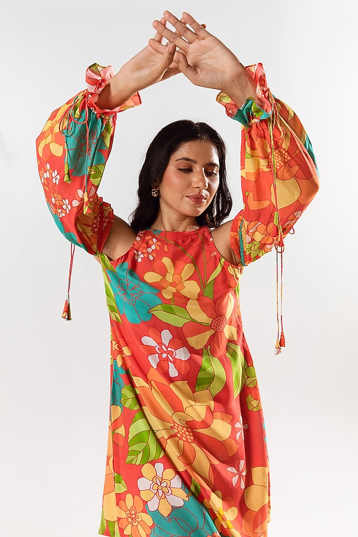 Vermilion Red Cotton Silk Printed Co-Ord Set by AROOP SHOP INDIA at Pernia's Pop Up Shop