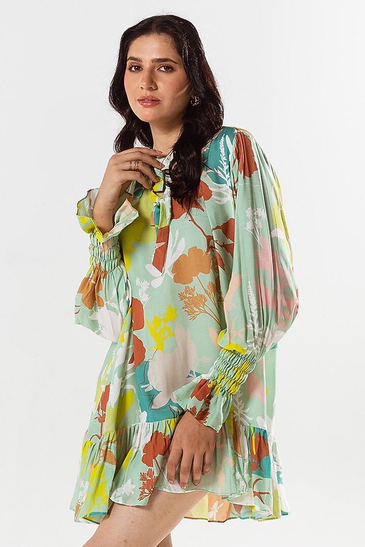 Paradise Green Cotton Silk Printed Knee-Length Summer Dress by AROOP SHOP INDIA at Pernia's Pop Up Shop