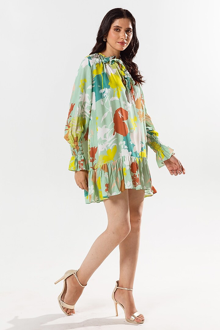Paradise Green Cotton Silk Printed Knee-Length Summer Dress by AROOP SHOP INDIA at Pernia's Pop Up Shop