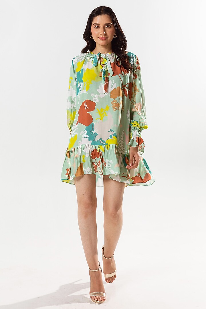 Paradise Green Cotton Silk Printed Knee-Length Summer Dress by AROOP SHOP INDIA at Pernia's Pop Up Shop