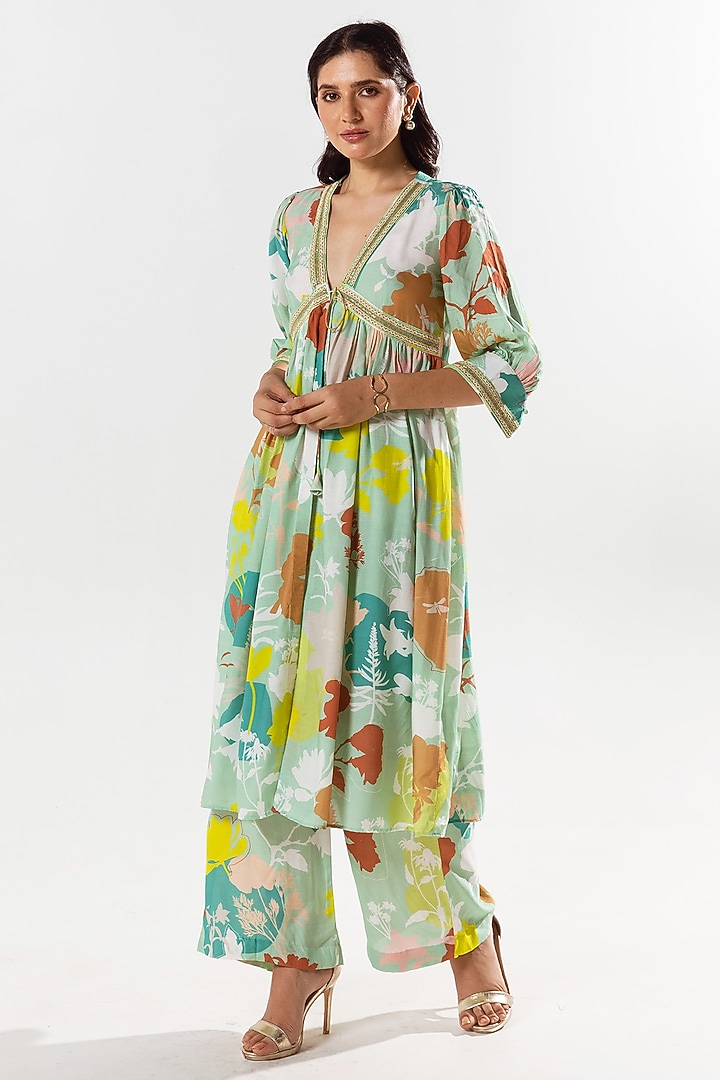Paradise Green Cotton Silk Printed & Embroidered Kurta Set by AROOP SHOP INDIA at Pernia's Pop Up Shop