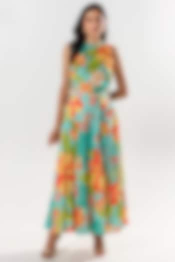 Tiffany Blue Cotton Silk Printed Slit Skirt Set by AROOP SHOP INDIA at Pernia's Pop Up Shop