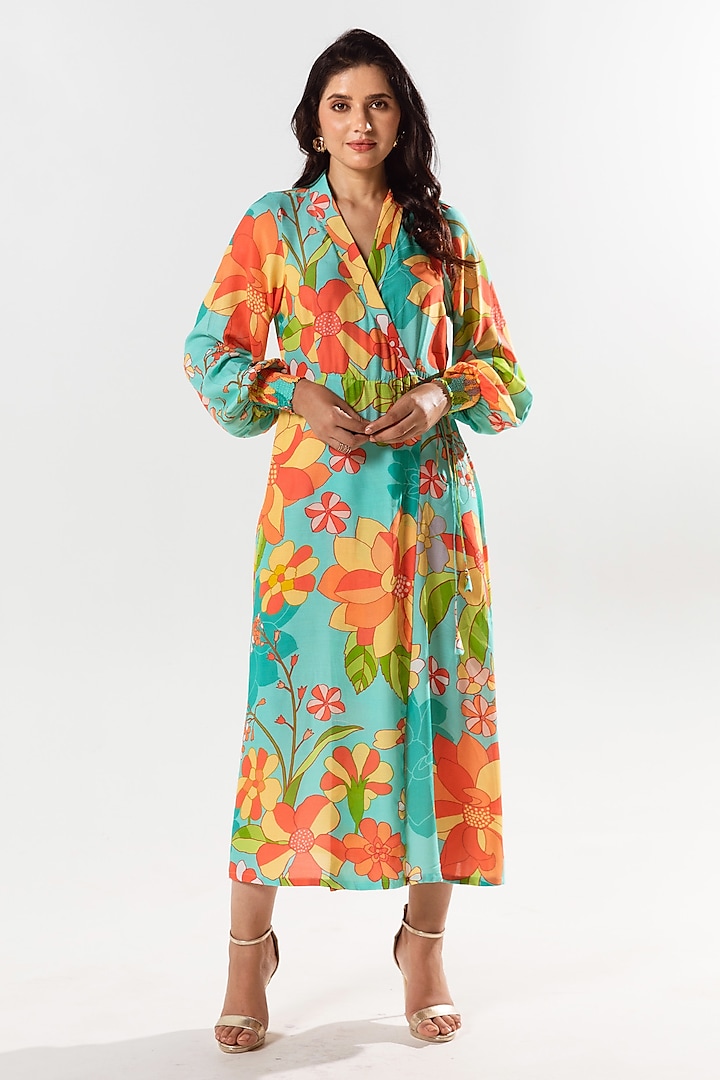 Tiffany Blue Cotton Silk Printed Wrap Midi Dress by AROOP SHOP INDIA
