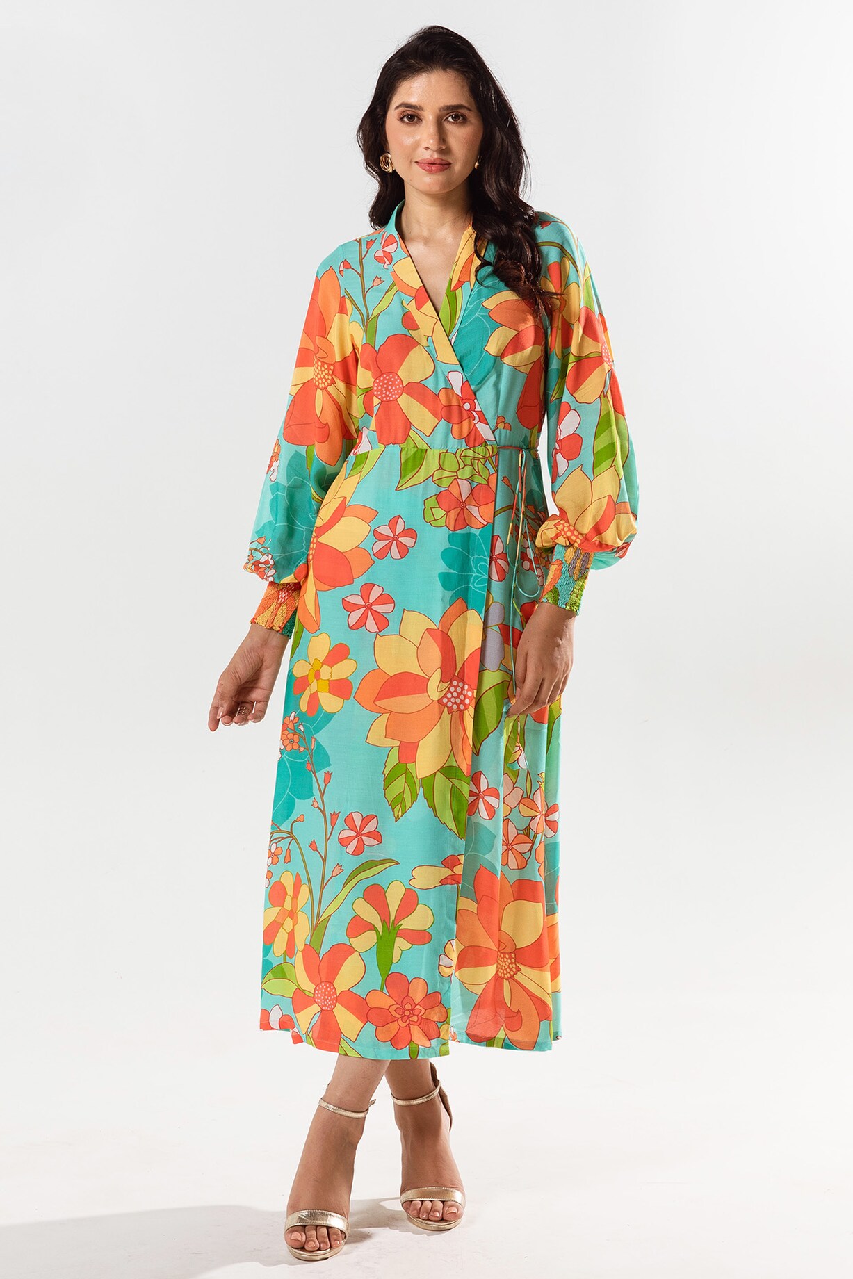Tiffany Blue Cotton Silk Printed Wrap Midi Summer Dress by AROOP SHOP INDIA at Pernia's Pop Up Shop Tiffany Blue Cotton Silk Printed Wrap Midi Summer Dress by AROOP SHOP INDIA at Pernia's Pop Up Shop