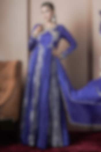 Blue Jacquard Kasab Silk Wedding Anarkali Set by ARJE India at Pernia's Pop Up Shop