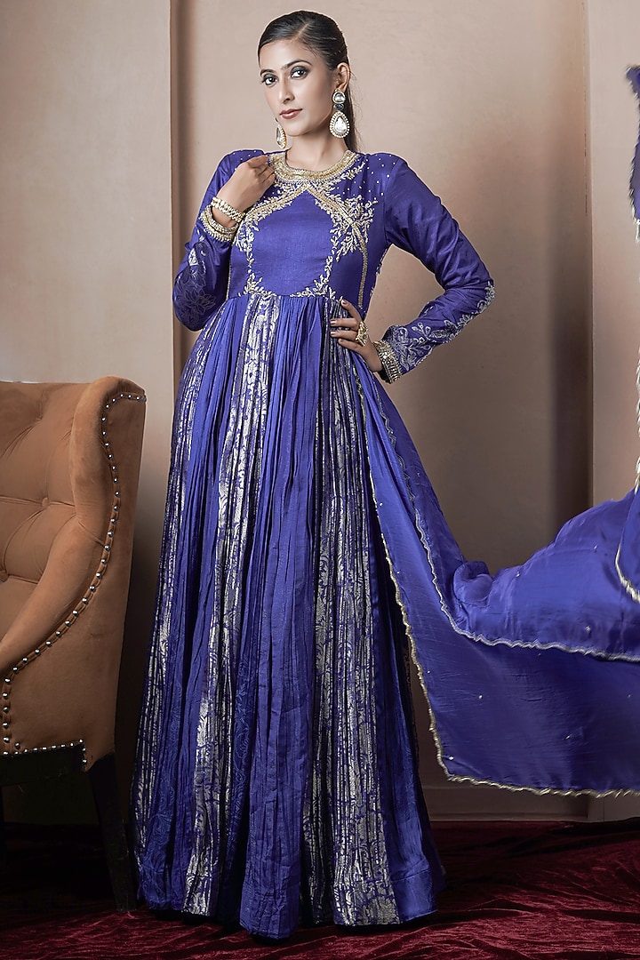 Blue Jacquard Kasab Silk Wedding Anarkali Set by ARJE India at Pernia's Pop Up Shop