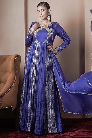 Blue Jacquard Kasab Silk Anarkali Set by ARJE India