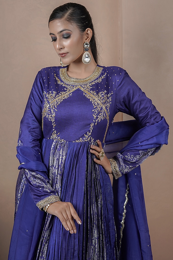 Blue Jacquard Kasab Silk Wedding Anarkali Set by ARJE India at Pernia's Pop Up Shop